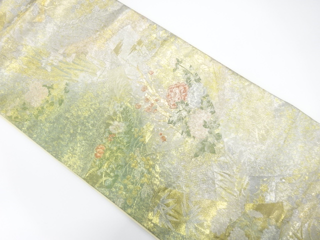 JAPANESE KIMONO / FUKURO OBI / SILK / WOVEN TANZAKU & FLOWERS
